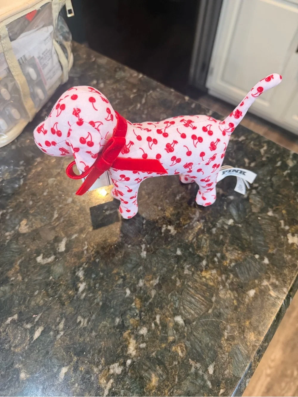 PINK Victoria's Secret White Plush Dog Key Ring with Red Cherry Print - Picture 1 of 2